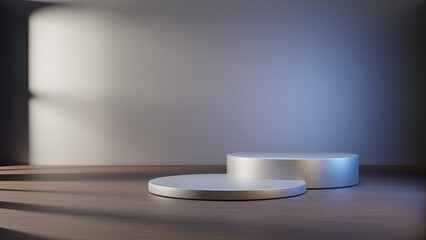 Silver empty podium or pedestal for product presentation on two floors. Mockup platform on wooden table. 3d rendering