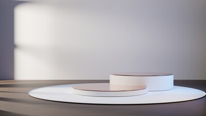 White empty podium or pedestal for product presentation on two floors. Mockup platform on white background. 3d rendering