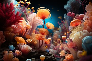 Coral reef's microcosm, capturing tiny creatures like shrimp, crabs, and seahorses in their colorful surroundings, Generative AI