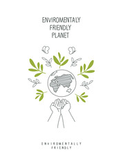 Environmentally friendly planet concept. Hand drawn cartoon sketch of hands supporting the planet, as a nature conservation sign. Green energy concept. Sustainable lifestyle. Think Green.  
  
