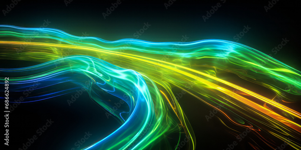 Poster dynamic neon light streams with a futuristic glow, intersecting in a display of vibrant blue and gre