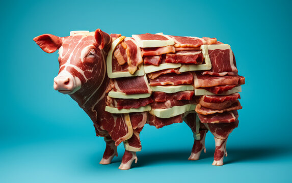 Creative concept of a cow sculpture made with raw beef steaks and bacon strips on a soft blue background symbolizing butcher's cuts guide