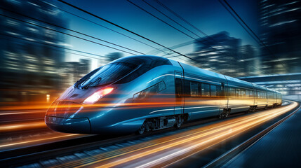 a modern high-speed train rushes through the tunnel at high speed, the speed is conveyed by blurred lines of lighting