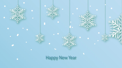 Fototapeta na wymiar Illustration with paper snowflakes on a blue background and the words Winter