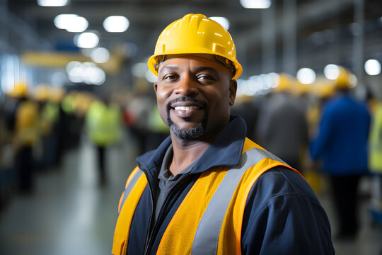 A Smiling American Factory Worker Wearing A Hard Hat And Work Clothes Is Standing In The Production Line In A Candid Portrait,