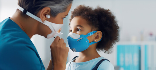 Healthcare and medicine, Family with kids in face mask facemask during outbreak, Human metapneumovirus, hMPV, coronavirus, and flu. Virus illness protection, hand sanitizer in public crowded places - obrazy, fototapety, plakaty