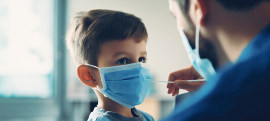 Healthcare and medicine, Family with kids in face mask facemask during outbreak, Human metapneumovirus, hMPV, coronavirus, and flu. Virus illness protection, hand sanitizer in public crowded places