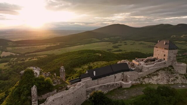 Aerial view of Regec Castle in Hungary - sunset