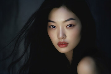 Portrait of a beautiful female Asian model with porcelain skin and a perfect complexion. Skin care and cosmetics.