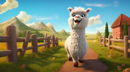 Сartoon very happy alpaca in a farmyard - obrazy, fototapety, plakaty