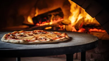 Gordijnen traditional wood fired oven pizza fresh baked brick inside pizzeria © Olga