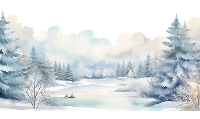 watercolor winter forest landscape with snow