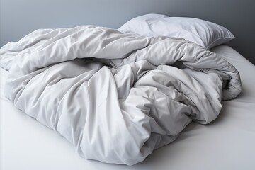 Fototapeta na wymiar White folded duvet on bed winter season preparation, home textile, household activities