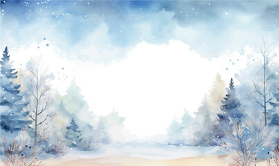 watercolor winter forest landscape with snow, background for desing © Iryna