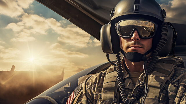 Focused military pilot helicopter airplane in cockpit at sunset, ready for maneuver army soldier male veteran army.