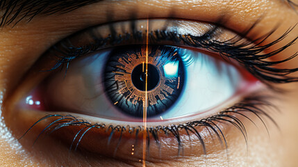 Close-up of a human eye with a futuristic digital targeting overlay, symbolizing advanced biometric identification technology