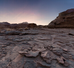 Twilight before sunrise in the rocky desert of Wadi Rum in Jordan