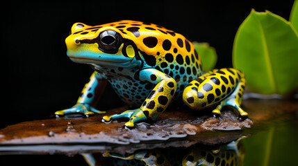 Fototapeta premium Vibrant Yellow and Blue Frog Perched on a Rock