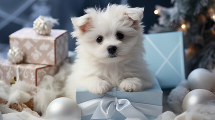 Cute white puppy with christmas, new year decoration and presents. Holyday time nice, cosy studio photo. Poster, invitation, flyer, banner, greeting card. Kindly atmosphere. Generative AI content	