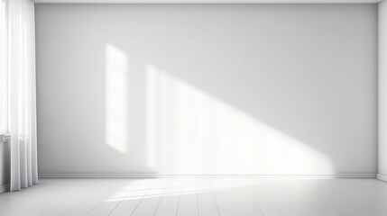 Empty room with white light shadow and floor, white curtains with shadow from window. Room with Wall Background. shadow overlay on white texture background - obrazy, fototapety, plakaty