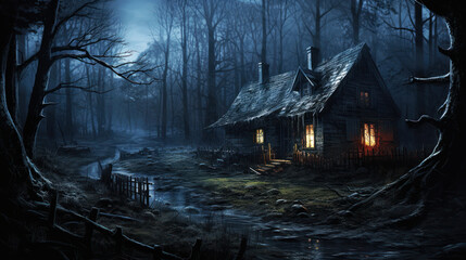 Illustration of a weathered, erie and scary cottage abandoned in the woods. - obrazy, fototapety, plakaty