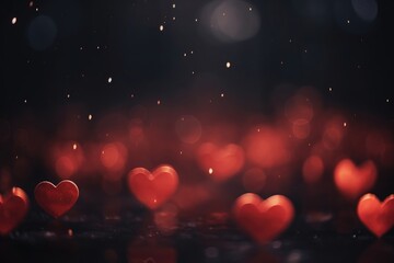 Red hearts on defocused festive dark black bokeh background with copy space