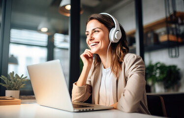 Smiling woman in headphones sitting at desk table working on laptop. Businesswoman listening to online podcast. 