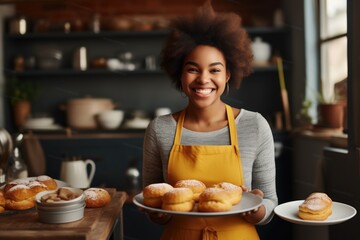 smiling young african woman in kitchen with plate of baked .