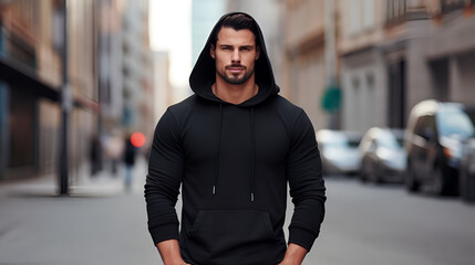 Fototapeta na wymiar Attractive sporty man dressed in a blank black hoodie with hood and kangaroo pocket against the background of the city street