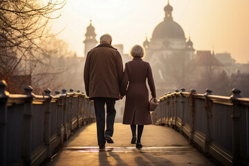 senior couple walk on way, back view