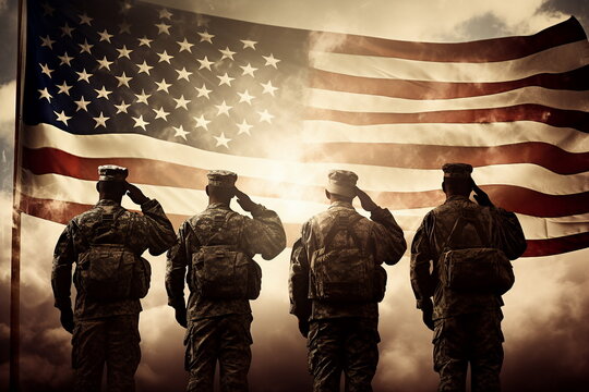 group of army soldier solute on usa flag