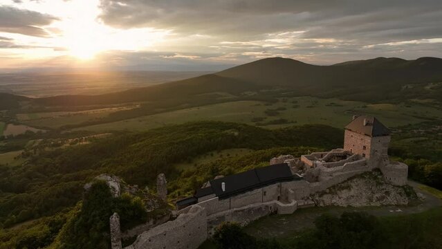 Aerial view of Regec Castle in Hungary - sunset