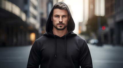Naklejka premium Attractive sporty man dressed in a blank black hoodie with hood and kangaroo pocket against the background of the city street