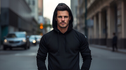 Fototapeta na wymiar Attractive sporty man dressed in a blank black hoodie with hood and kangaroo pocket against the background of the city street