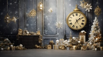 Christmas, New Year is comming. Great visual for backdrop, background, template, banner, greeting card or intrior design. For photo shooting. Clock, presents, decorations.