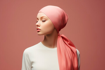 Sad cancer patient woman in head scarf on beige background copy space