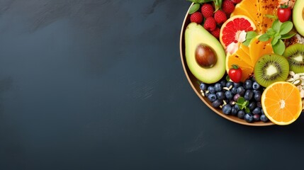 Fresh and colorful bowl of fruits, berries and seeds. Healthy food concept background with free place for text - obrazy, fototapety, plakaty