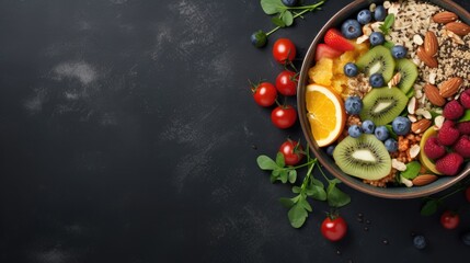 Obraz na płótnie Canvas Fresh and colorful bowl of fruits, berries and seeds. Healthy food concept background with free place for text
