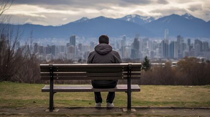 Naklejka na ściany i meble Lonely man sitting in park on bench