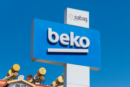 Alanya, Antalya, Turkey. 15 july 2023. Beko logo, Turkish domestic appliance and consumer electronics brand outdoor signage over blue sky
