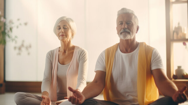 active elderly couple perform yoga together, practicing meditate, balance, recreation, relaxation, calm, good health, happy, relax, healthy lifestyle, reduce stress