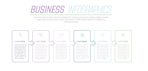 Business Infographics. 6 steps to achieve the result. Stages of development, workflow, marketing or plan. Business strategy with icons. Diagram of the report, statistics and training.
