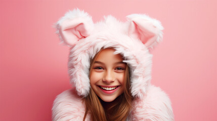 Girl wearing bunnyears headband on isolated pink background - ai generative
