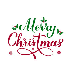 Merry Christmas calligraphy hand lettering with holly berries and leaves. Winter holidays quote. Vector template for typography poster, banner, greeting card, sticker, etc.