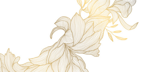 Vector art deco flower pattern background, gold line art, nature floral illustration. Hand drawn wavy plants for packaging, cover, banner, creative post and wall arts. Japanese style. - 686630886