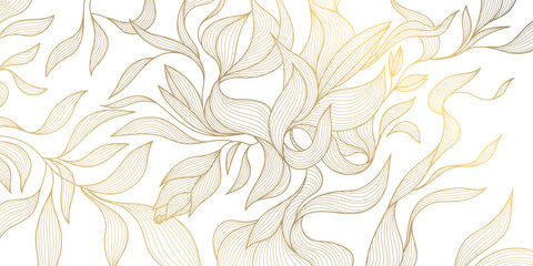 Vector art deco flower pattern background, gold line art, nature floral illustration. Hand drawn wavy plants for packaging, cover, banner, creative post and wall arts. Japanese style. - obrazy, fototapety, plakaty