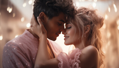 Romantic Softness: A Beautiful Couple Enjoying Love Moment Celebrating Together in Pink Silver White Tones 