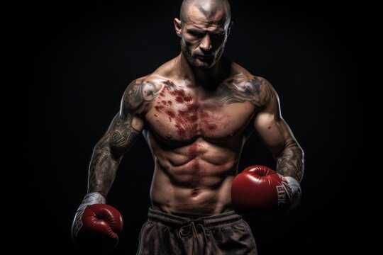 fighter mma with blood over the boody
