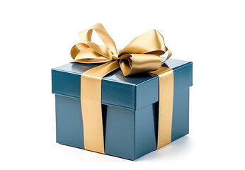 Blue gift box with golden ribbon isolated on white background