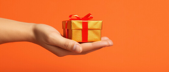 Female hand holding a gift box on an orange background. Close-up.